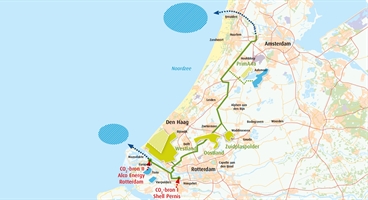 General map on OCAP activities in 2017, showing the network of pipelines, customer areas, sources, buffers in Northsea, plans and developments. Used for slider tool in website.